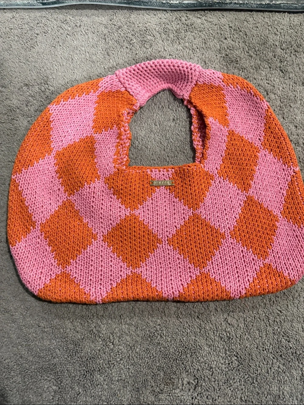 Kopari Pink & Orange Check Knit Hobo Bag